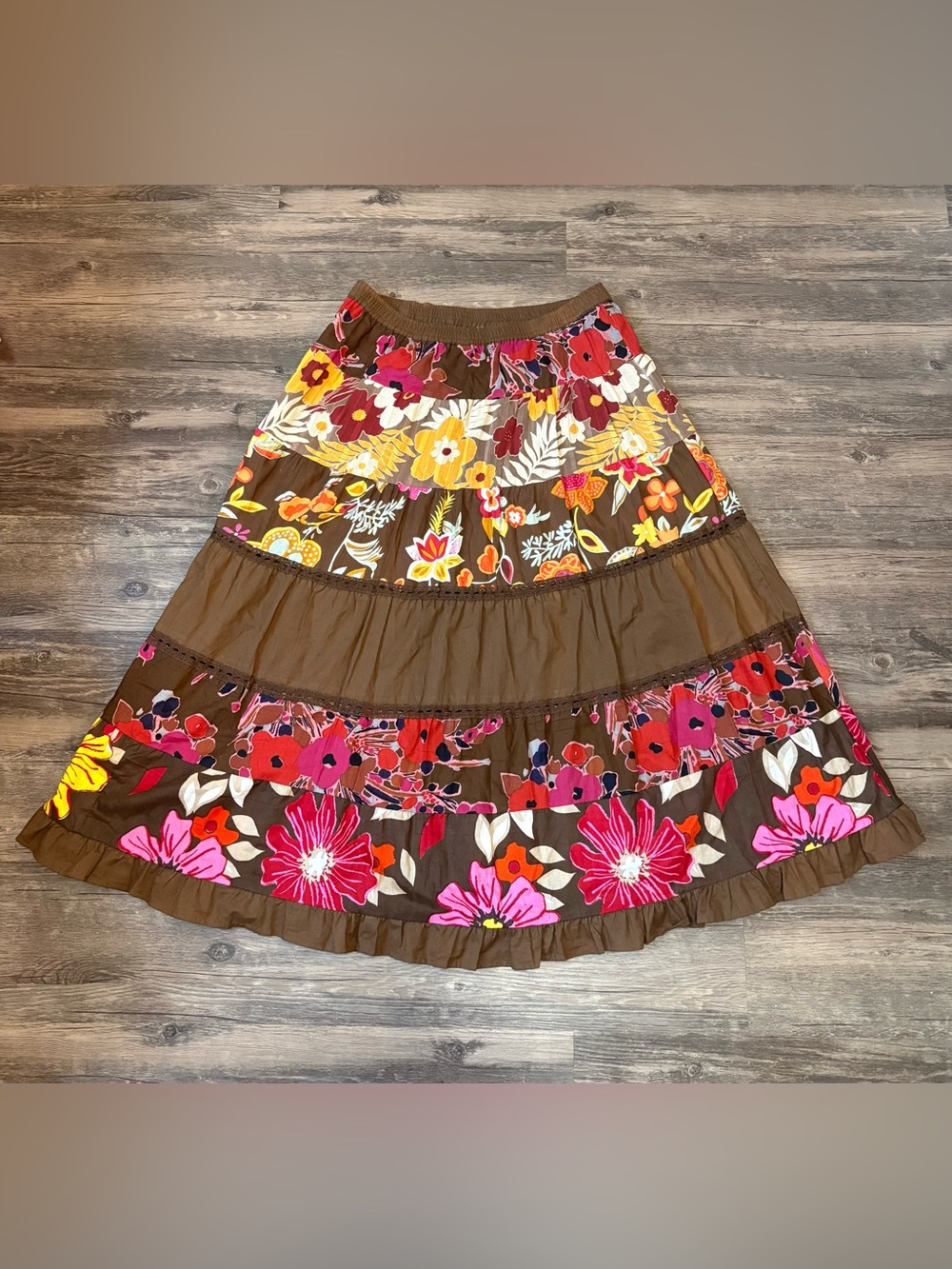 Vintage Magic Brown Maxi Skirt with Pink & Yellow Floral Panels Size Small